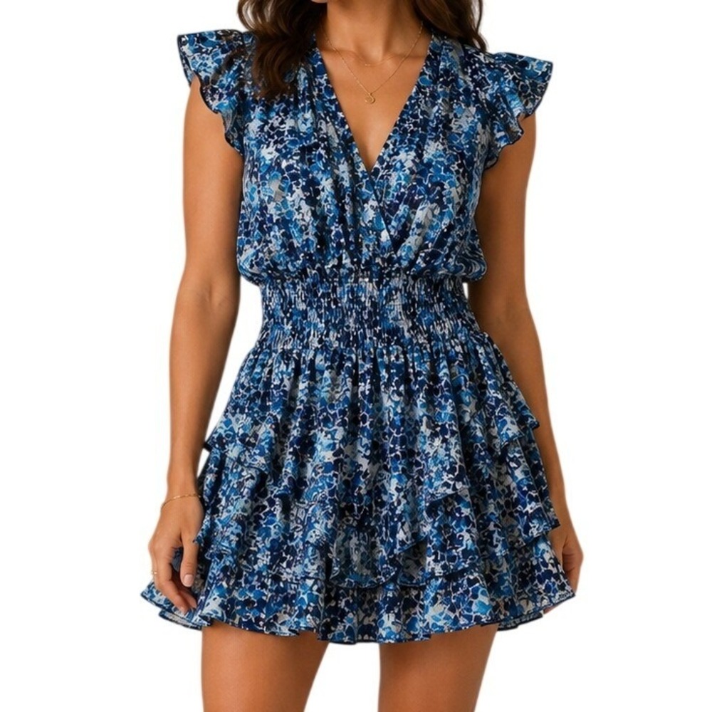 Ramy Brook Blue Floral Metallic Smocked Tiered Ruffle Mini Dress Women's XS